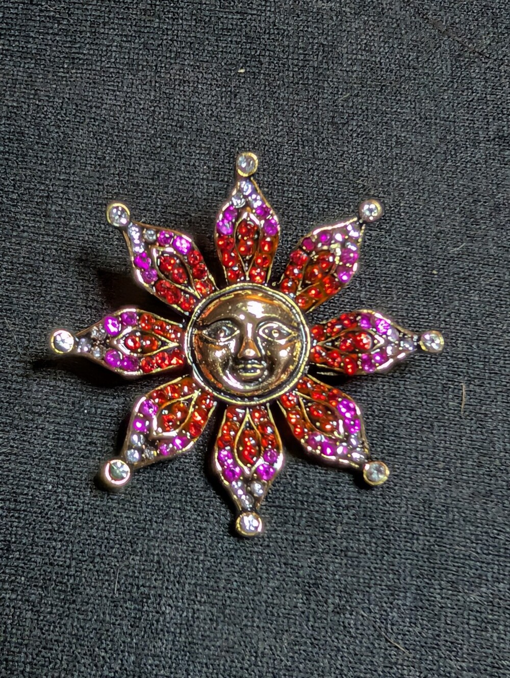 Sunburst Crystal Brooch - Red & Pink Sun Face Pin